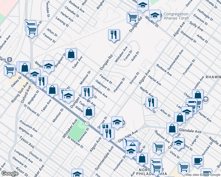 map of restaurants, bars, coffee shops, grocery stores, and more near 1427 Oakmont Street in Philadelphia