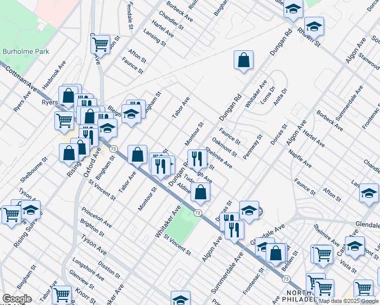 map of restaurants, bars, coffee shops, grocery stores, and more near 7415 Montour Street in Philadelphia