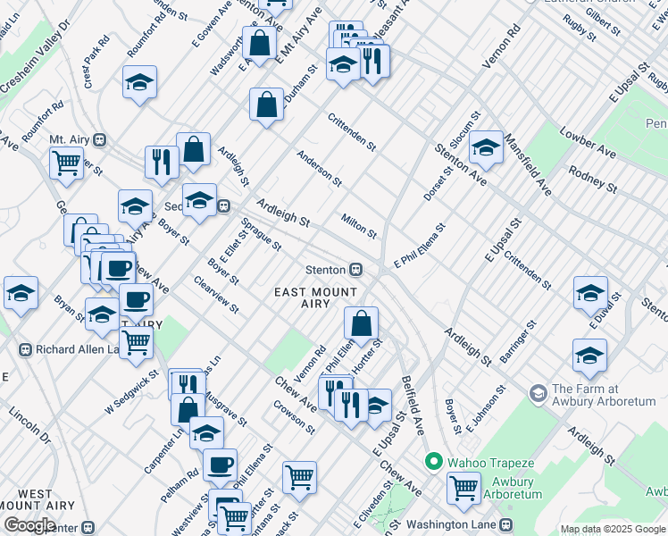 map of restaurants, bars, coffee shops, grocery stores, and more near 6752 Blakemore Street in Philadelphia