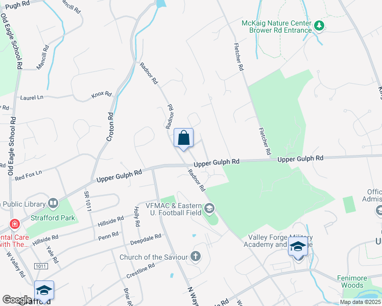 map of restaurants, bars, coffee shops, grocery stores, and more near 939 Radnor Road in Wayne