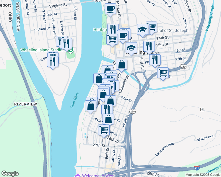 map of restaurants, bars, coffee shops, grocery stores, and more near 2141 Market Street in Wheeling