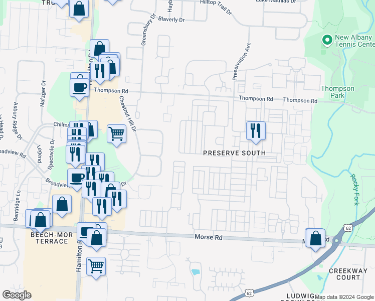 map of restaurants, bars, coffee shops, grocery stores, and more near 3956 Sweet Shadow Avenue in Columbus