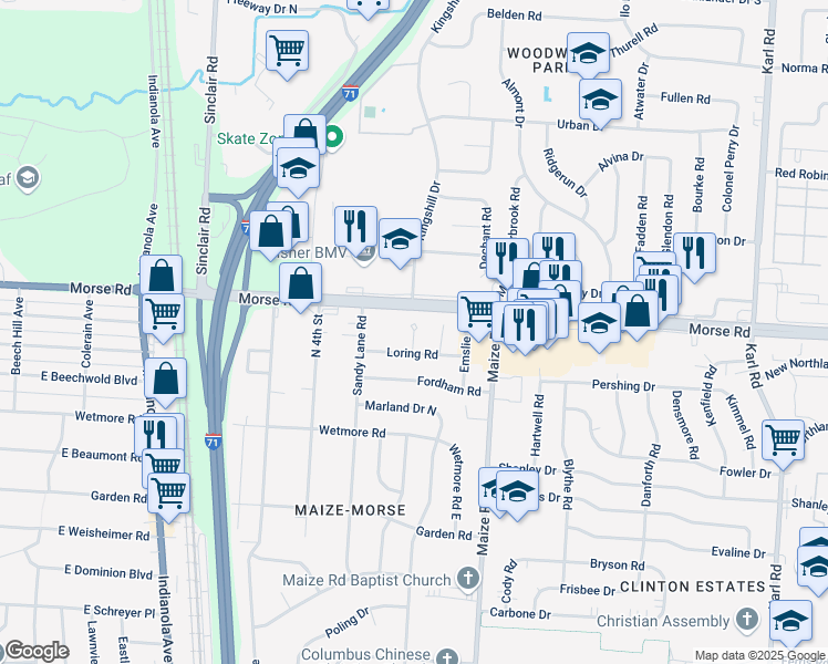 map of restaurants, bars, coffee shops, grocery stores, and more near 1064-1100 Loring Road in Columbus