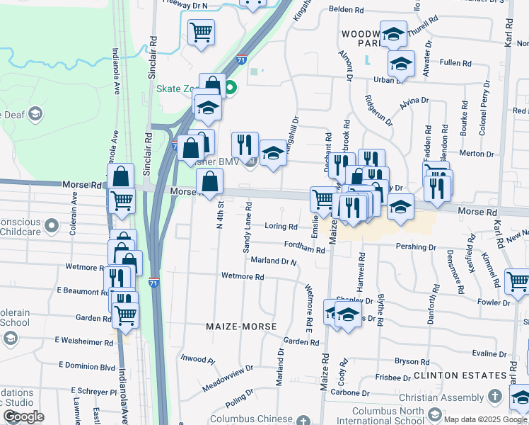 map of restaurants, bars, coffee shops, grocery stores, and more near 1028 Loring Road in Columbus