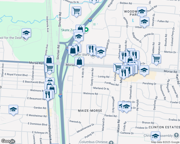 map of restaurants, bars, coffee shops, grocery stores, and more near 4650 North 4th Street in Columbus