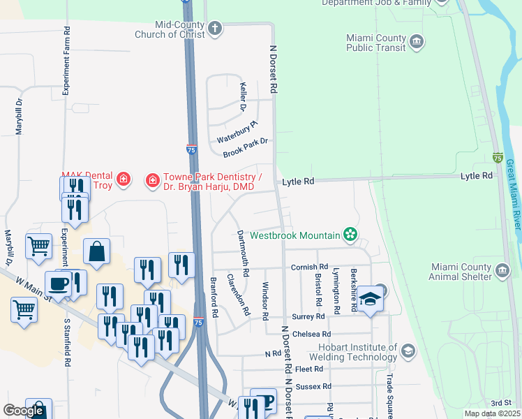 map of restaurants, bars, coffee shops, grocery stores, and more near 950 North Dorset Road in Troy