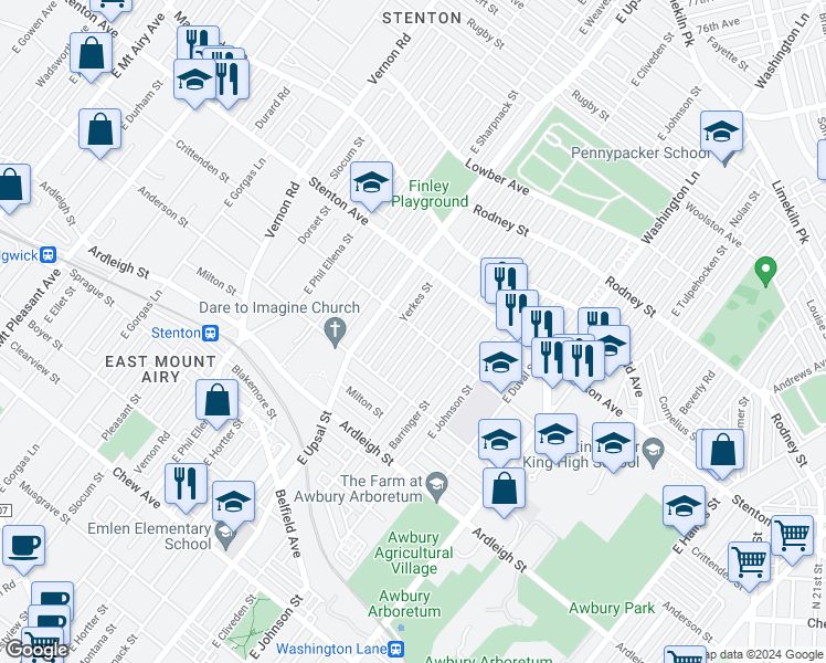map of restaurants, bars, coffee shops, grocery stores, and more near 1247 East Cardeza Street in Philadelphia
