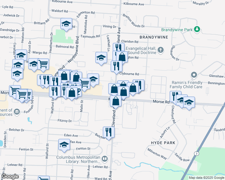 map of restaurants, bars, coffee shops, grocery stores, and more near 4461 Cleveland Avenue in Columbus