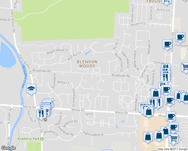 map of restaurants, bars, coffee shops, grocery stores, and more near 4130 Broadview Court in Columbus