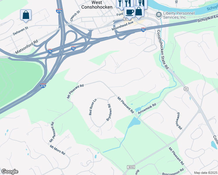 map of restaurants, bars, coffee shops, grocery stores, and more near 1279 Prospect Hill Road in Villanova