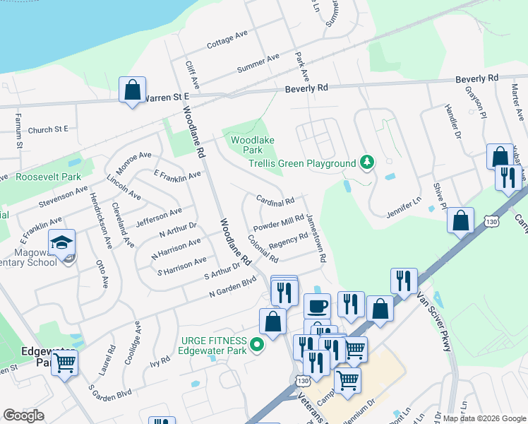 map of restaurants, bars, coffee shops, grocery stores, and more near 106 Sunset Lane in Beverly