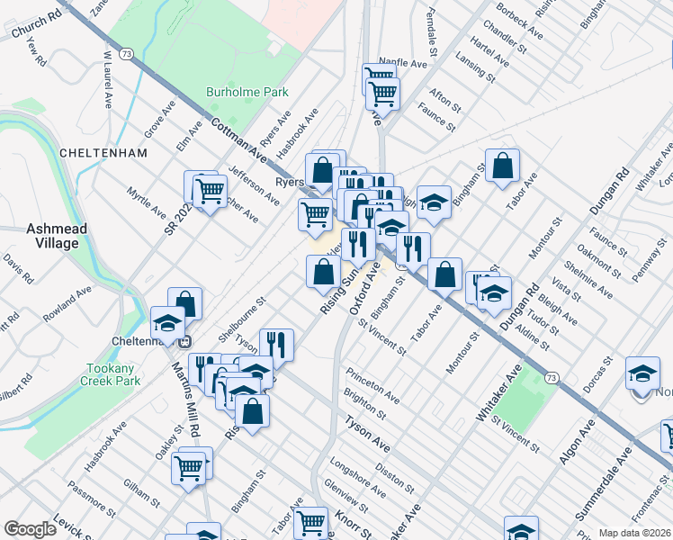 map of restaurants, bars, coffee shops, grocery stores, and more near 7224-32 Rising Sun Avenue in Philadelphia