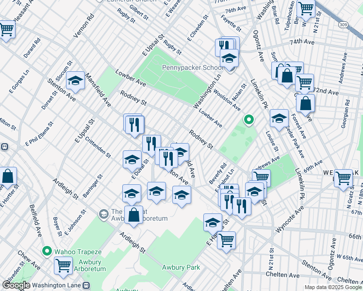 map of restaurants, bars, coffee shops, grocery stores, and more near 1518 East Mayland Street in Philadelphia