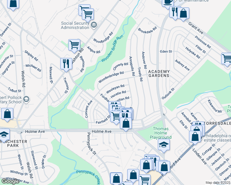 map of restaurants, bars, coffee shops, grocery stores, and more near 9214 Horatio Road in Philadelphia