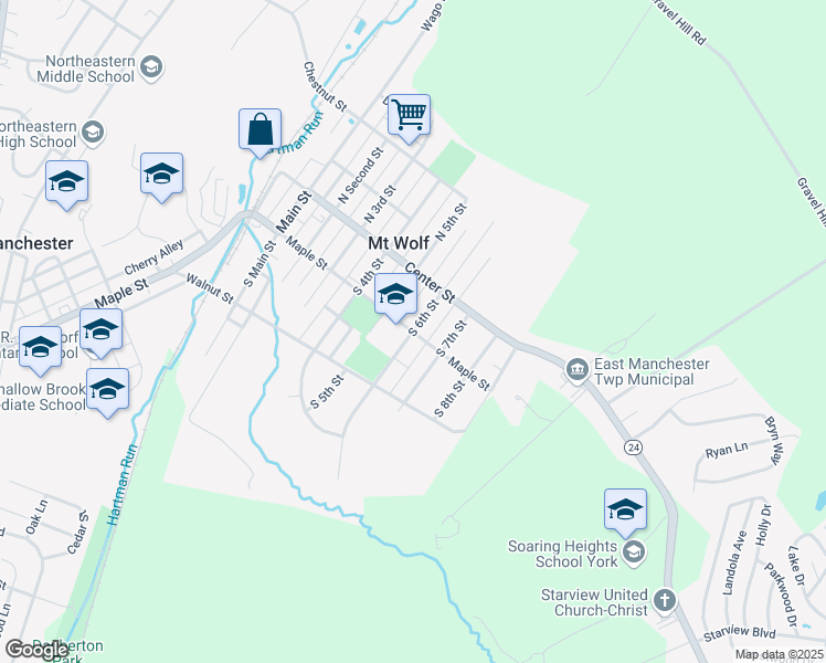 map of restaurants, bars, coffee shops, grocery stores, and more near in Mount Wolf