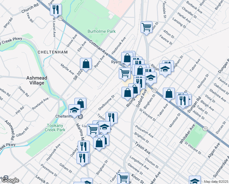 map of restaurants, bars, coffee shops, grocery stores, and more near 7132 Rising Sun Avenue in Philadelphia