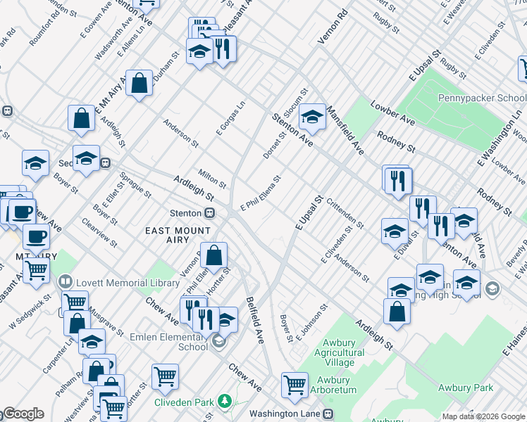 map of restaurants, bars, coffee shops, grocery stores, and more near 615 East Hortter Place in Philadelphia