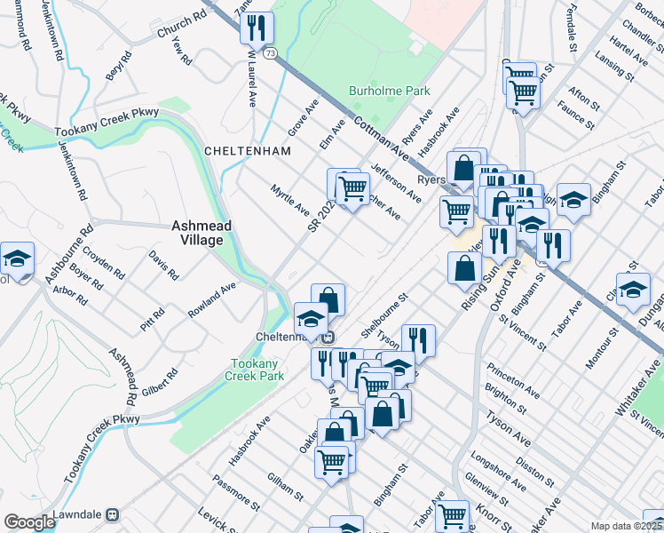 map of restaurants, bars, coffee shops, grocery stores, and more near 129 East Laurel Avenue in Montgomery County