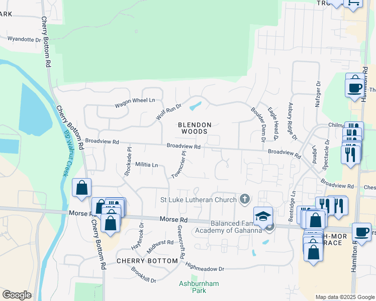 map of restaurants, bars, coffee shops, grocery stores, and more near 4140 Towncrier Place in Columbus