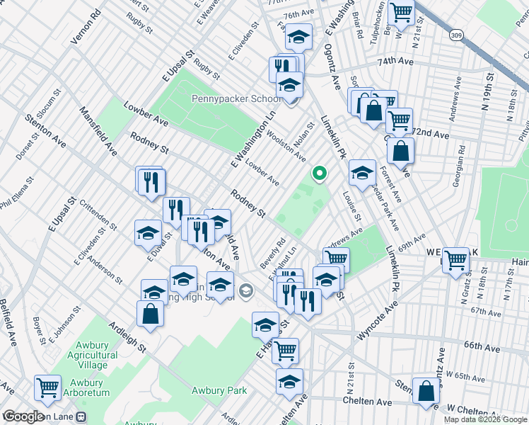 map of restaurants, bars, coffee shops, grocery stores, and more near 1601 Wynsam St in Philadelphia