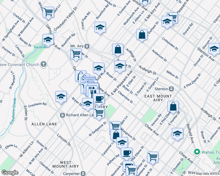 map of restaurants, bars, coffee shops, grocery stores, and more near 114 East Durham Street in Philadelphia