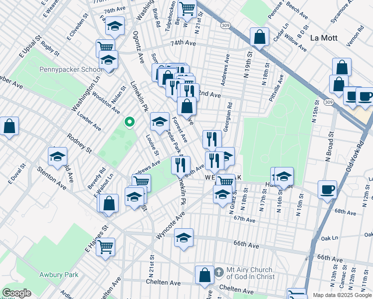 map of restaurants, bars, coffee shops, grocery stores, and more near 6966 Forrest Avenue in Philadelphia