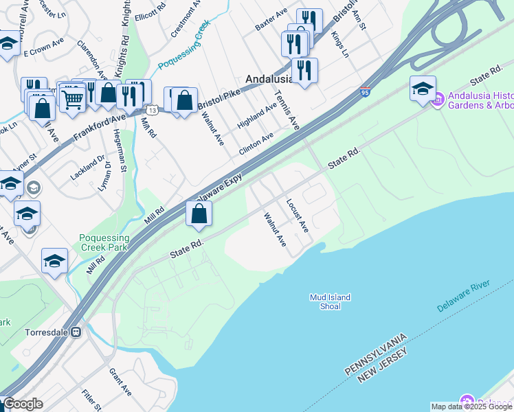 map of restaurants, bars, coffee shops, grocery stores, and more near 648 State Road in Bensalem