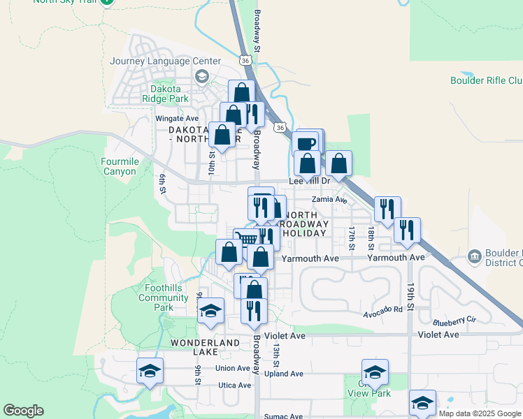 map of restaurants, bars, coffee shops, grocery stores, and more near 4730 Broadway in Boulder