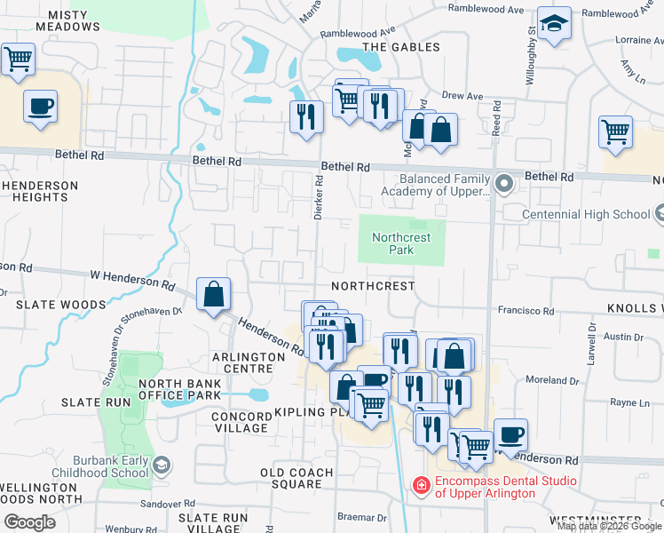 map of restaurants, bars, coffee shops, grocery stores, and more near 2064 Park Run Drive in Columbus