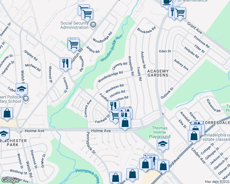 map of restaurants, bars, coffee shops, grocery stores, and more near 9214 Horatio Road in Philadelphia