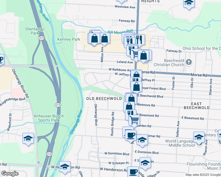 map of restaurants, bars, coffee shops, grocery stores, and more near 134 West Beechwold Boulevard in Columbus