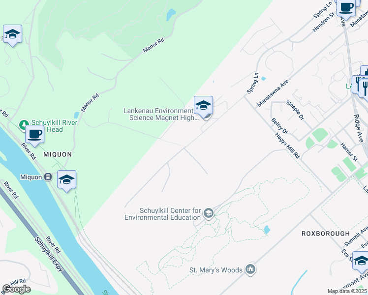 map of restaurants, bars, coffee shops, grocery stores, and more near 101 Spring Lane in Philadelphia