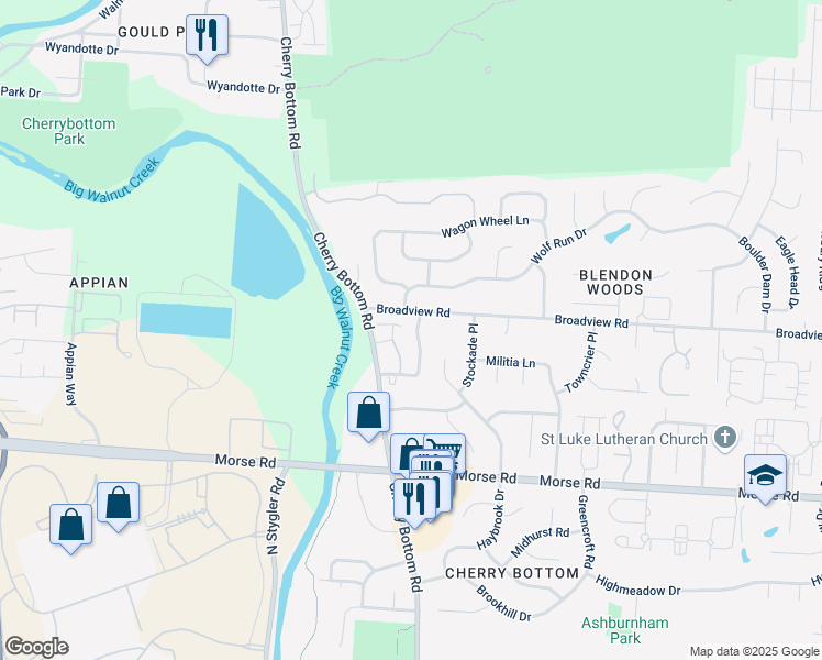map of restaurants, bars, coffee shops, grocery stores, and more near 4181 Cherry Orchard Ln in Columbus