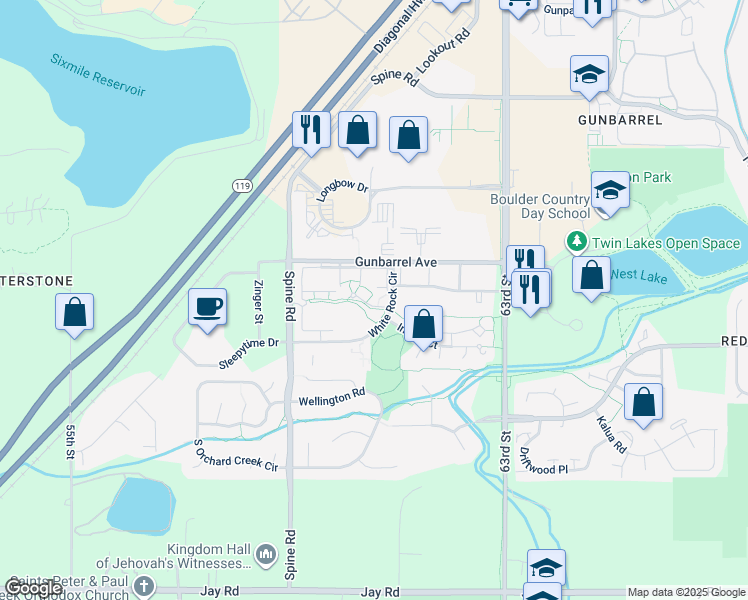 map of restaurants, bars, coffee shops, grocery stores, and more near 4875 White Rock Circle in Boulder