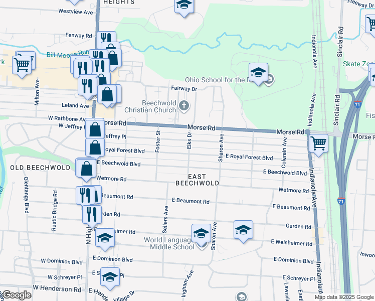 map of restaurants, bars, coffee shops, grocery stores, and more near 296 East Royal Forest Boulevard in Columbus
