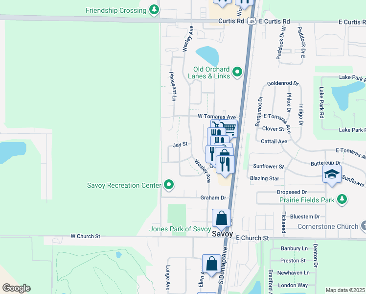 map of restaurants, bars, coffee shops, grocery stores, and more near 303 Jay Street in Savoy