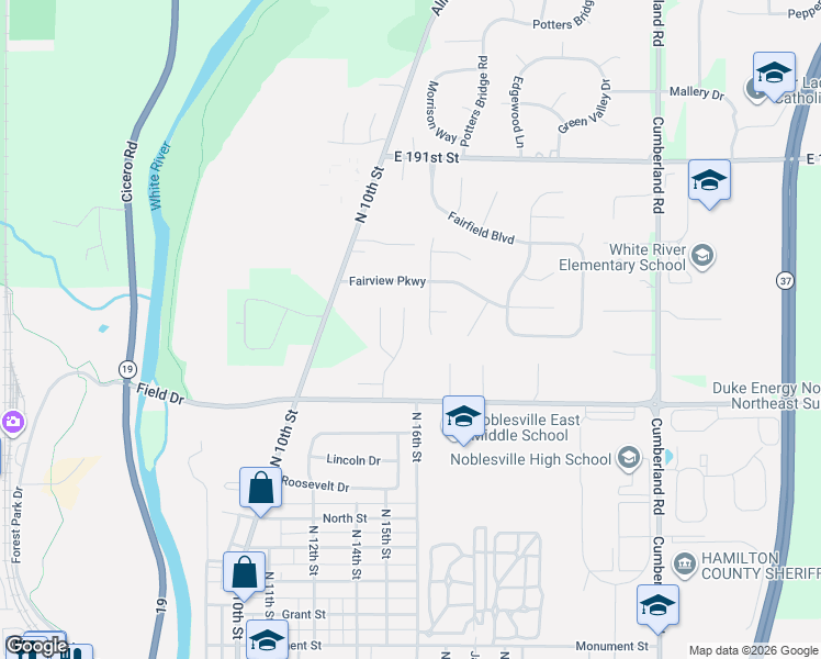 map of restaurants, bars, coffee shops, grocery stores, and more near 18748 Northridge Drive in Noblesville
