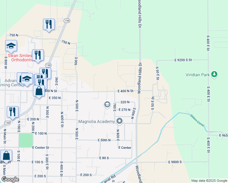 map of restaurants, bars, coffee shops, grocery stores, and more near 1002 East 400 North Street in Salem