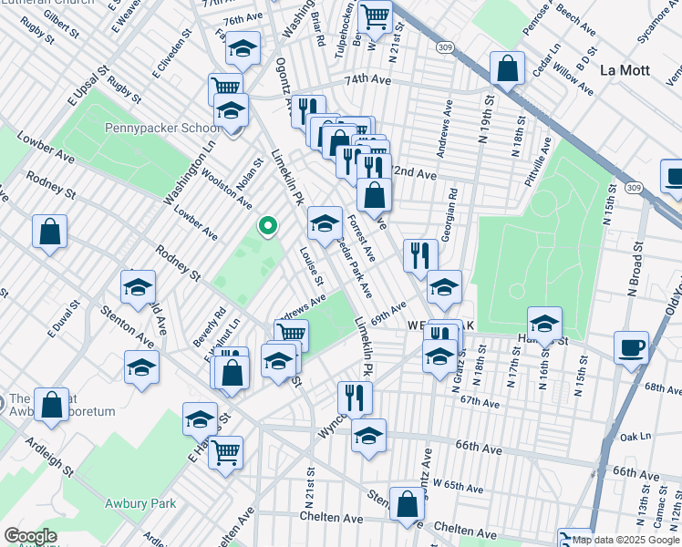 map of restaurants, bars, coffee shops, grocery stores, and more near 7015 Limekiln Pike in Philadelphia