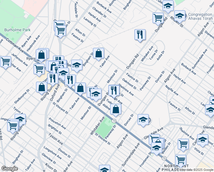 map of restaurants, bars, coffee shops, grocery stores, and more near 7415 Montour Street in Philadelphia