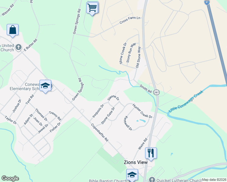 map of restaurants, bars, coffee shops, grocery stores, and more near 1025 Sylvan Ct in York