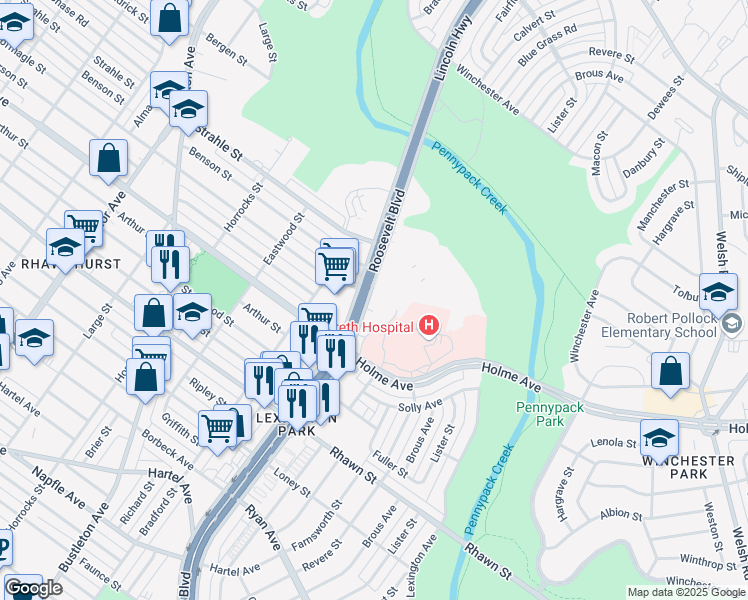 map of restaurants, bars, coffee shops, grocery stores, and more near 8229 Roosevelt Boulevard in Philadelphia