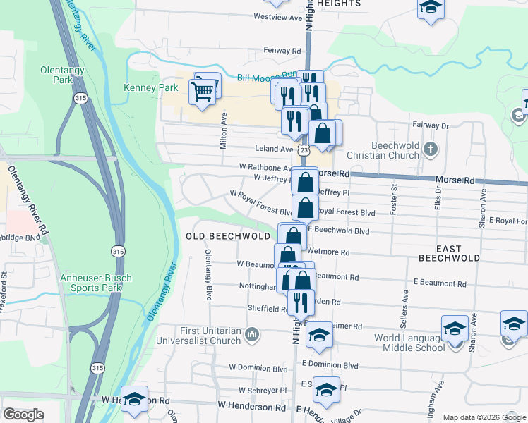 map of restaurants, bars, coffee shops, grocery stores, and more near 77 West Royal Forest Boulevard in Columbus