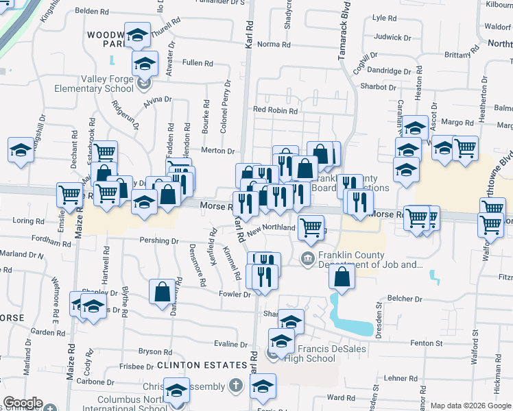map of restaurants, bars, coffee shops, grocery stores, and more near Morse Road in Columbus
