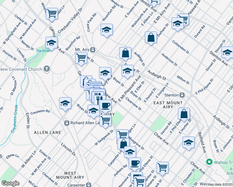 map of restaurants, bars, coffee shops, grocery stores, and more near 114 East Durham Street in Philadelphia