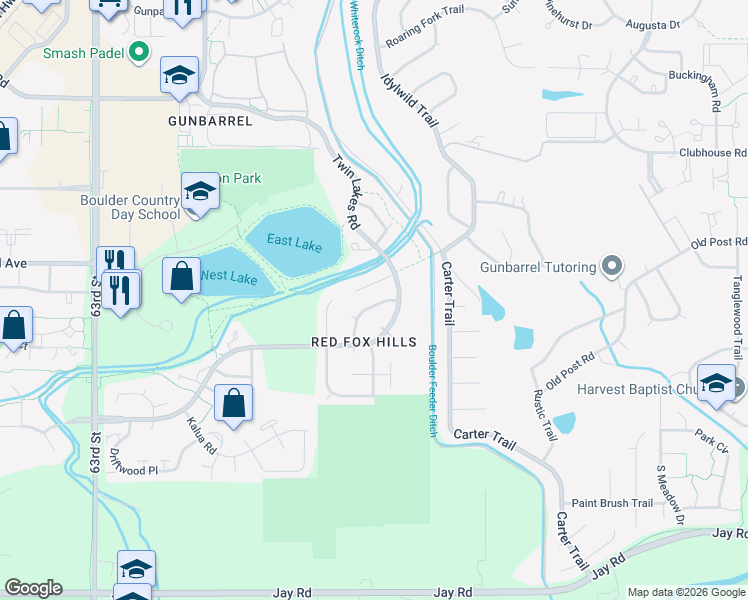 map of restaurants, bars, coffee shops, grocery stores, and more near 4729 Quail Creek Road in Boulder
