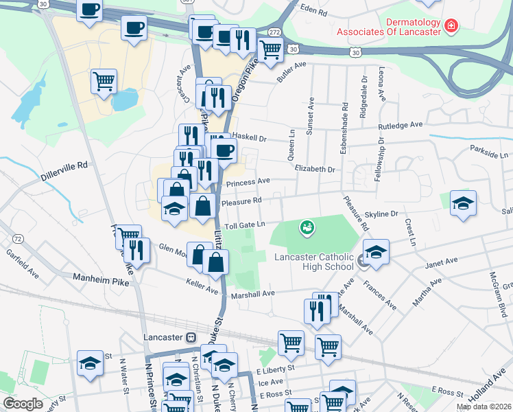 map of restaurants, bars, coffee shops, grocery stores, and more near 1312 Crown Avenue in Lancaster