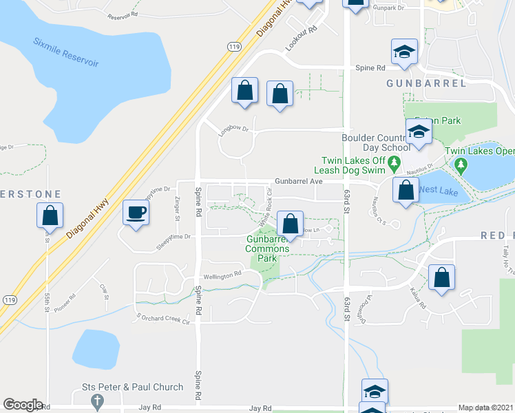 map of restaurants, bars, coffee shops, grocery stores, and more near 4879 White Rock Circle in Boulder