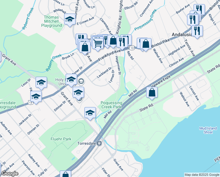 map of restaurants, bars, coffee shops, grocery stores, and more near 4258 Carteret Drive in Philadelphia