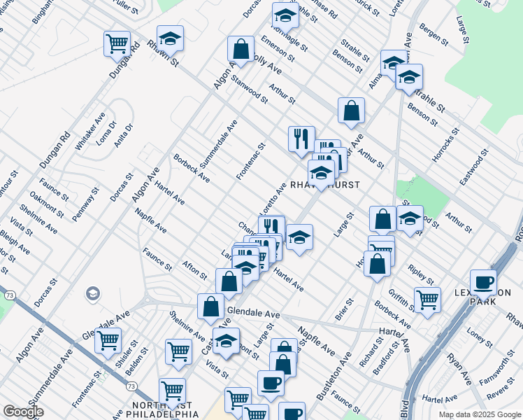 map of restaurants, bars, coffee shops, grocery stores, and more near 7906 Loretto Avenue in Philadelphia